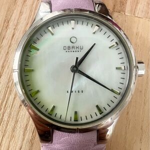 Obaku harmony ladies mother of pearl purple leather dress watch NEW BATTERY
